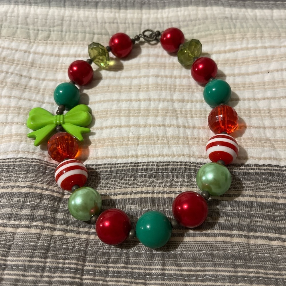 Colorful Beaded Christmas Necklace with Bow